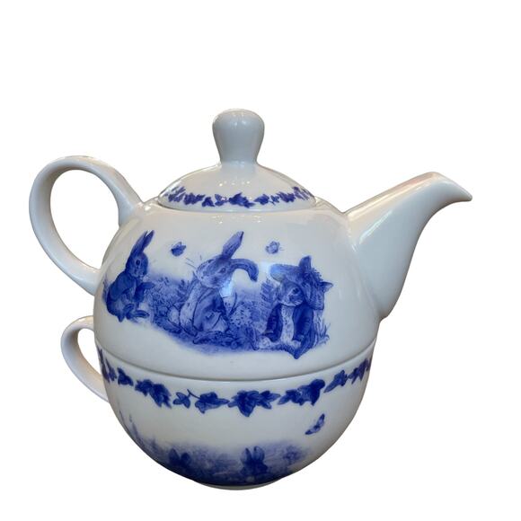 BEATRIX POTTER Peter Rabbit Teapot Teacup Set Blue French Country Easter 2024 - Picture 1 of 8